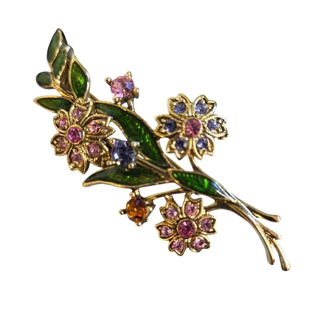 Vtg‎ Floral Brooch Gold Tone Enamel Rhinestone 2.5